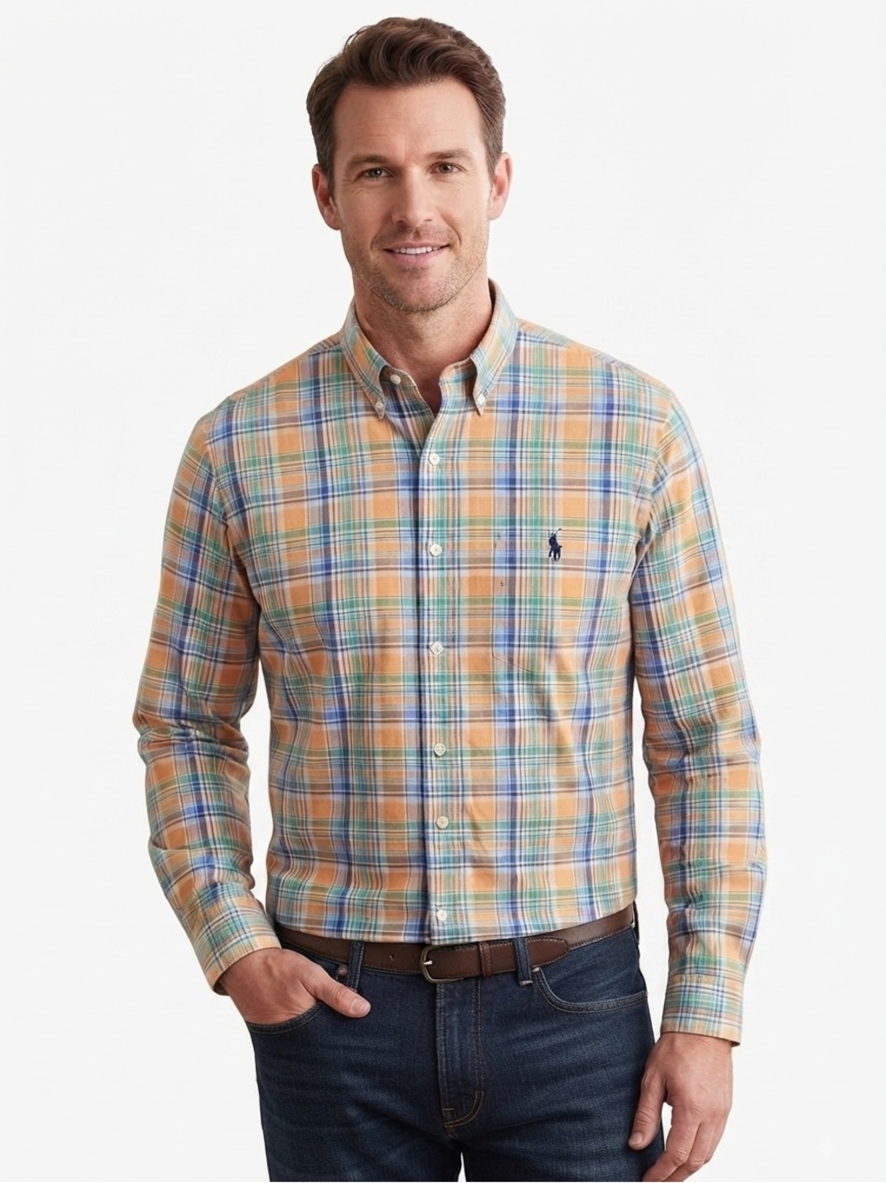 Ralph Lauren Men's Orange, Blue & Green Plaid Button-Down Shirt